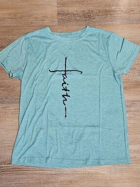 Faith Cross Graphic Tee Heather Teal Christian T-Shirt Medium Short Sleeve